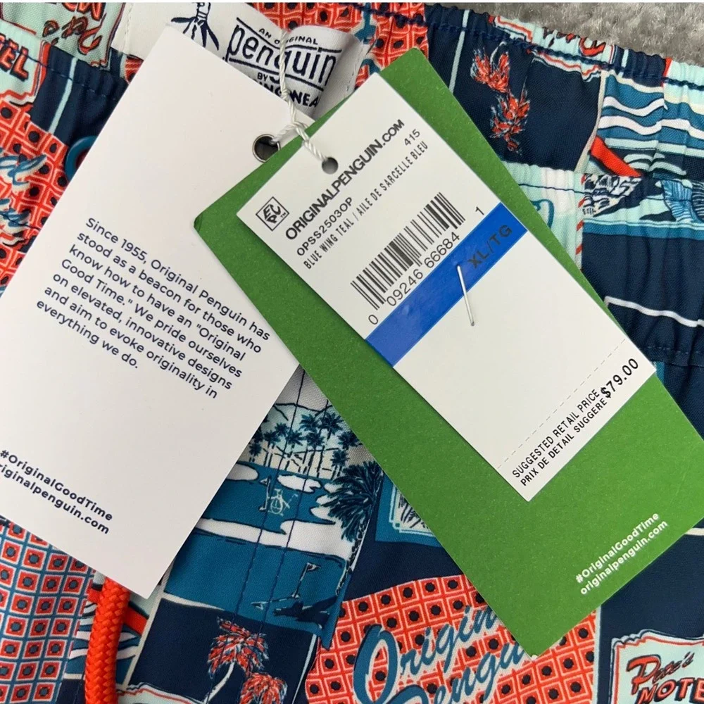 ORIGINAL PENGUIN Men's XL Swim Trunks Postcard Motel Print Blue Beach Shorts NWT